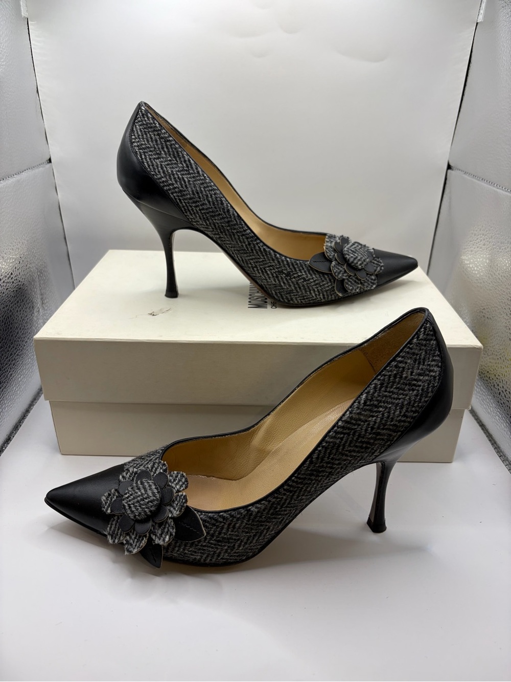 Moschino Black Tweed Pointed-Toe Pumps with Floral Detail